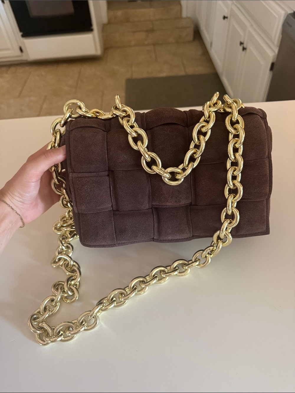 Quilted Suede Chain Shoulder Bag in Dark Brown with Gold Hardware